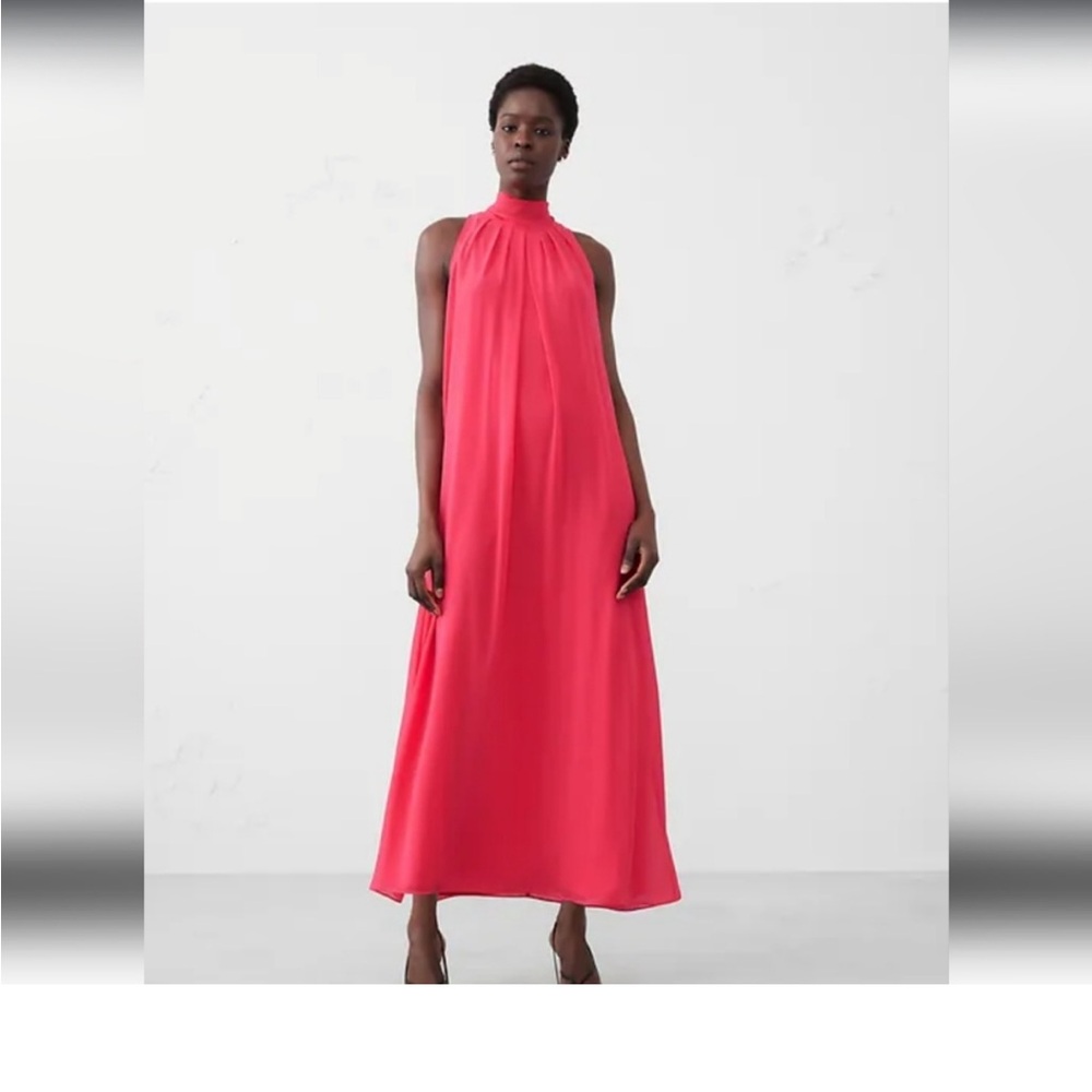 Banana Republic Vibrant Pink Halter Midi Formal Gown Chiffon Dress